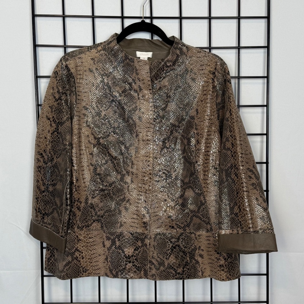 Chico's Snakeskin Leather 3/4 Sleeve Jacket Womens 2 Large‎ Taupe Reversible